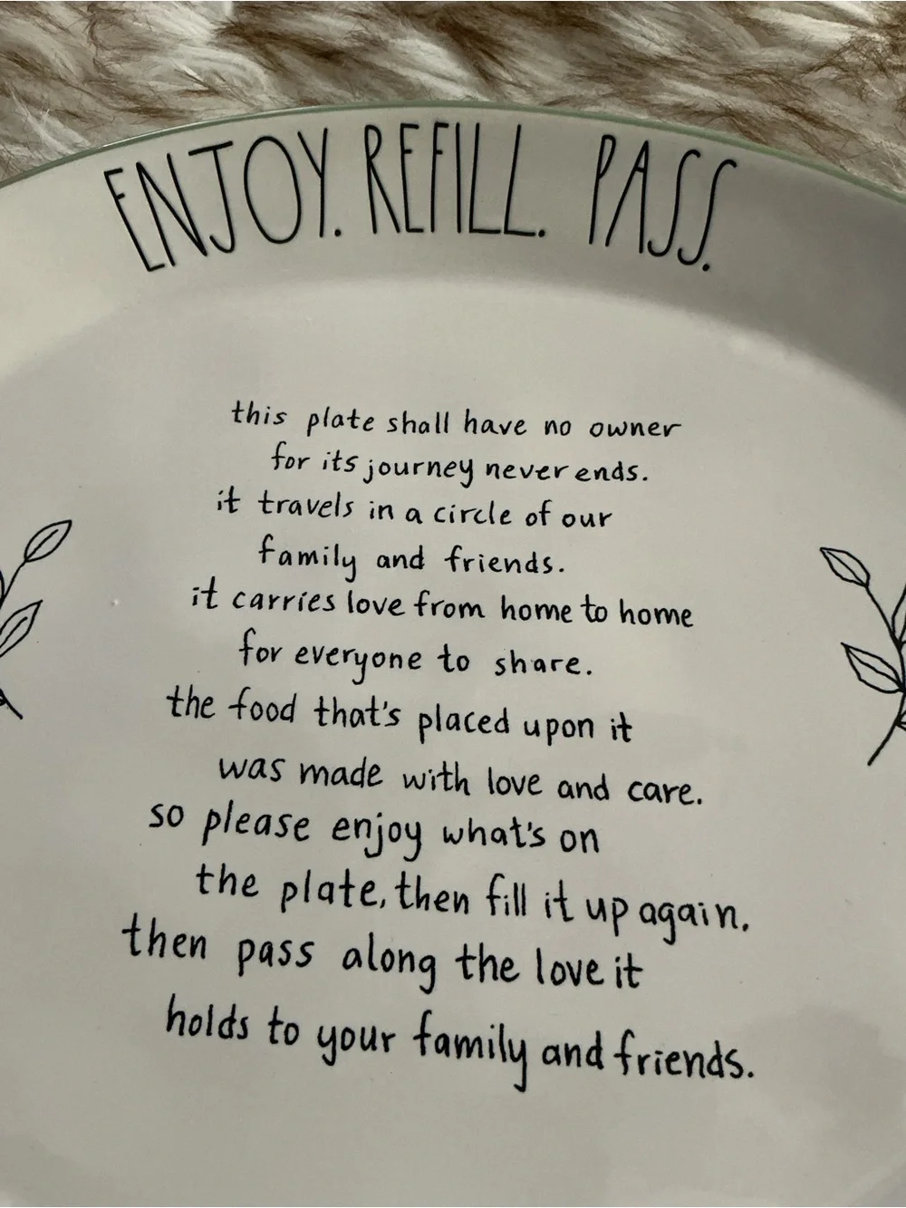 Rae Dunn Cream Ceramic Plate with Green Trim and Script